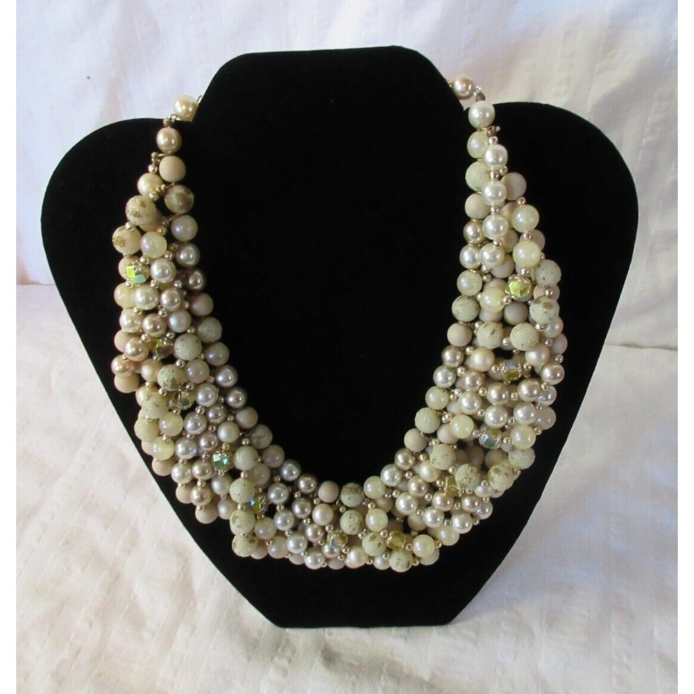 Vintage 50's Faux Pearl Choker Textured Bead Necklace Multi Strand Jewelry